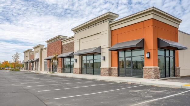 commercial real estate facade of modern retail strip mall with ample parking and customizable storefronts photo